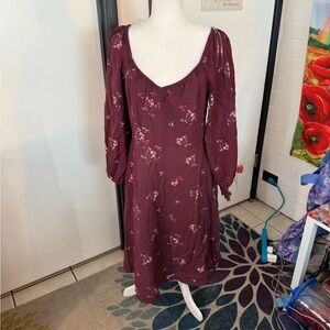 Floral Burgundy long sleeve  Dress with pockets